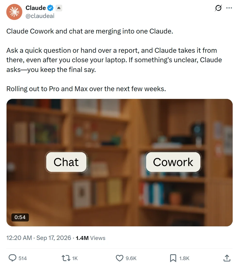 Anthropic合并Claude Cowork与Chat入口